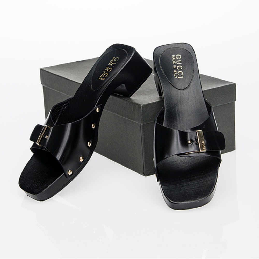 Gucci Wooden Black Leather Women’s Slides Size 6B